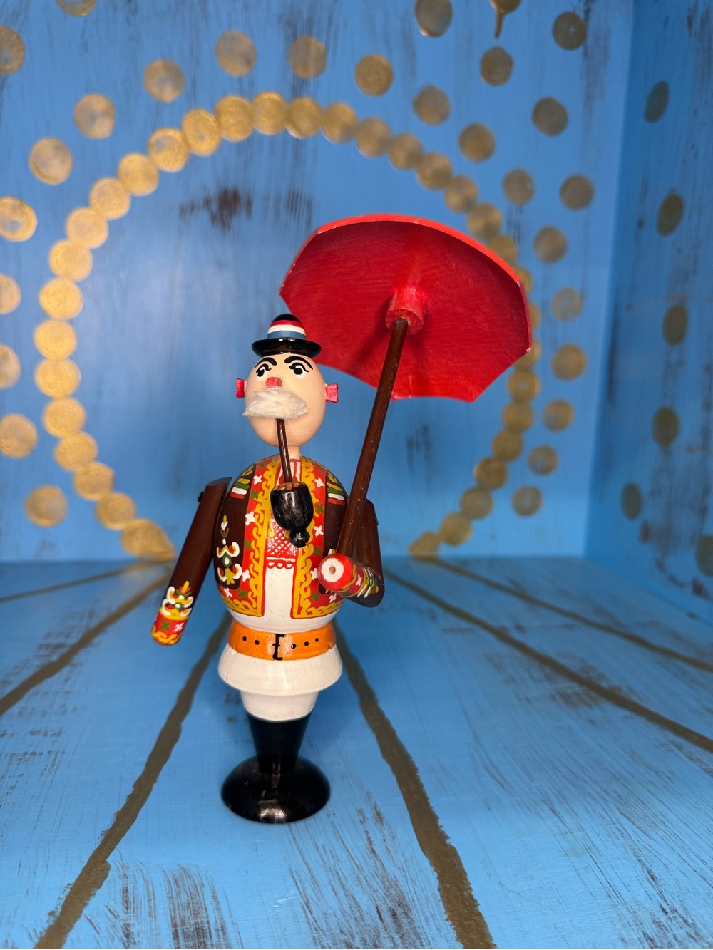 Vtg Russian Wooden Doll Figurine in Traditional Costume w/ Umbrella 6.75"
